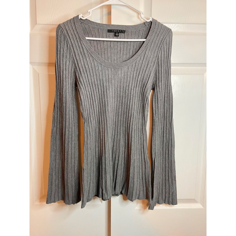 Cyrus Heather Gray Ribbed Knit Bell Sleeve Scoop Neck Sweater Small C591702TJ